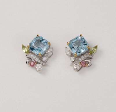 Tri-color 4.18 carat Blue Topaz Green Peridot Pink Tourmaline earring