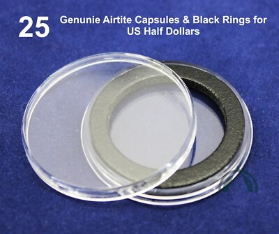 #ad #ad 25 GENUINE Airtite Coin Capsules w 30mm Black Rings for US Half Dollars $22.95
