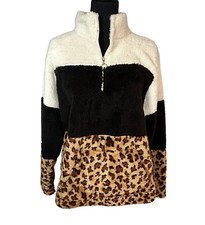 Le Moda Teddy Bear Pullover Jacket Womens Xl 1/2 Zip Long Sleeve Leopard Cozy