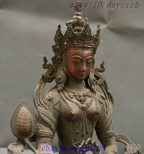12" Collect Tibetan Buddhism Bronze Tara GuanYin Kwan-yin Goddess Buddha Statue - Picture 5 of 12