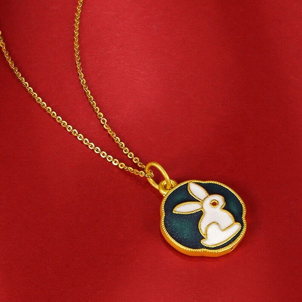 Alternate view of Vintage 18kgp Burn Blue Paint Jade Hare Shaped Pendant Necklace