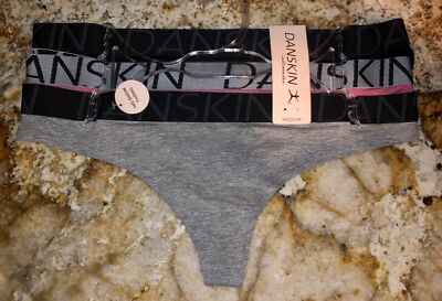 DANSKIN Core Logo Band Cotton 3 Pk Rose Grey Black Thong Panty NEW Womens Sz M 6