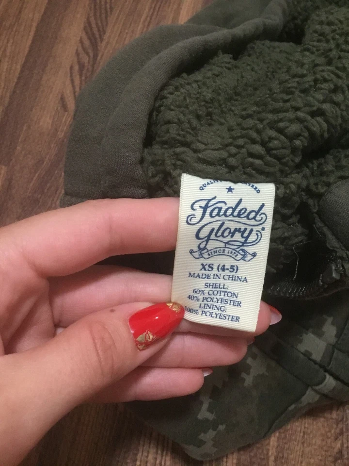 Sudadera con capucha Faded Glory para niños cremallera completa caqui camuflaje mezcla de algodón talla XS 4-5 Foto 3 de 4