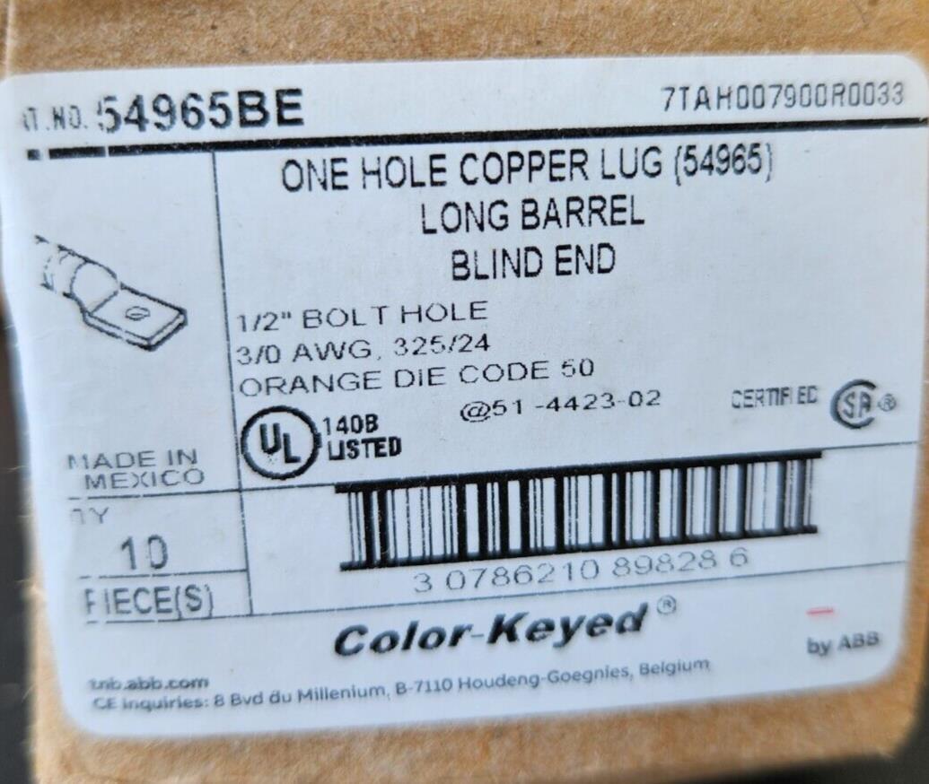 (10 Pack) T&B 54965BE 1 HOLE COPPER LUG LONG BARREL 1/2 HOLE 3/0 DIE 50 ...