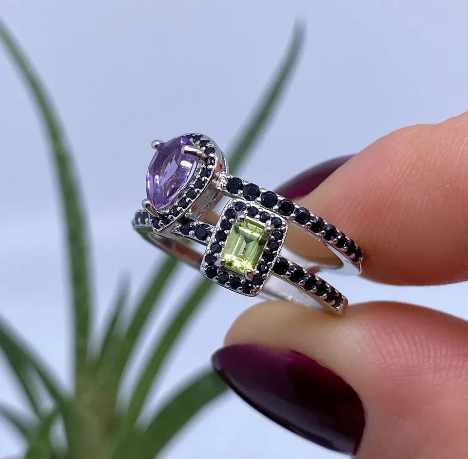 Anillo con Amatista, Peridoto y Espinela Negra Piedras Preciosas Naturales, Plata 925, 8 EE. UU. Foto 4 de 4