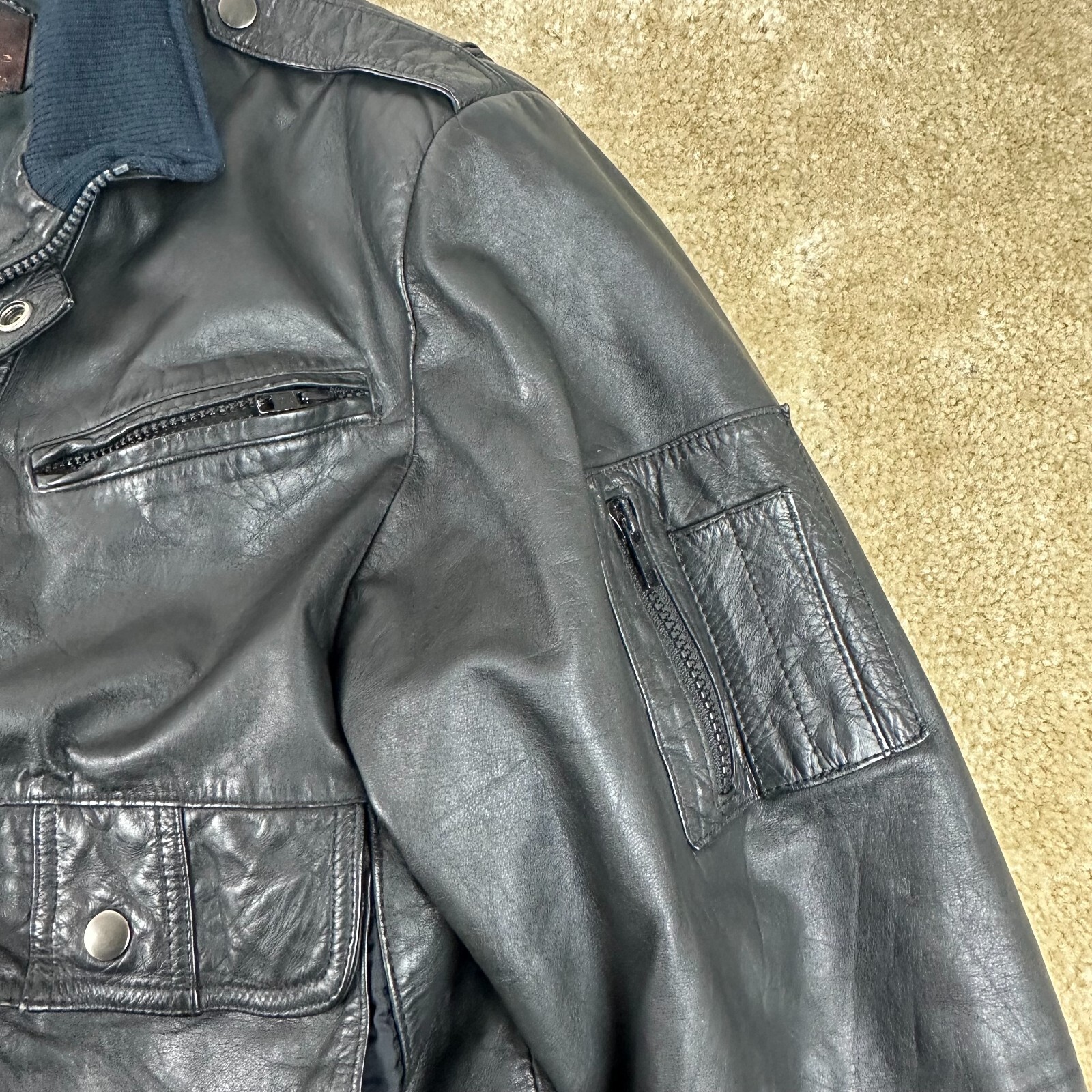 Guy Laroche Paris Mens Bomber Jacket L Leather Zip Up snap Black