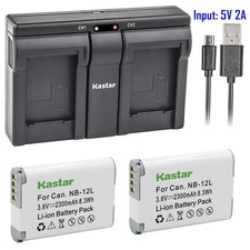 Kastar 2 Battery  Dual Slim USB Charger for Canon NB-12L NB-12LH NB12L NB12LH