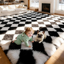 Checkered Rug for Living Room – 160X230Cm Black and White Large Shaggy Rug –