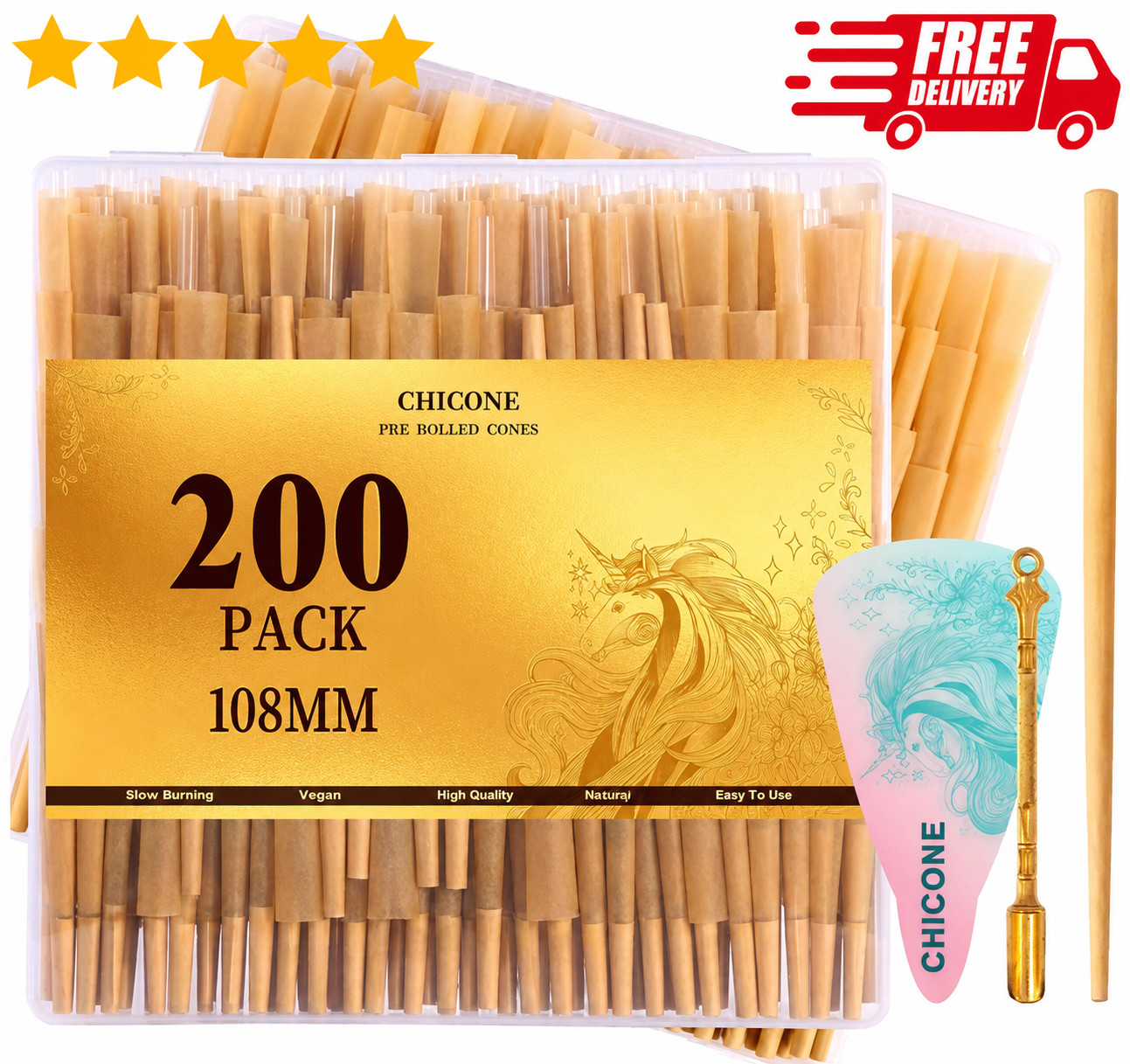 200 Pack Pre Rolled Cones | Natural Slow-Burning Cones Rolling Paper | 108mm Kin