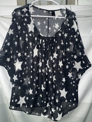 Bison Bison Michele Bisignani Sheer Star Print Pullover Blouse Black White XL
