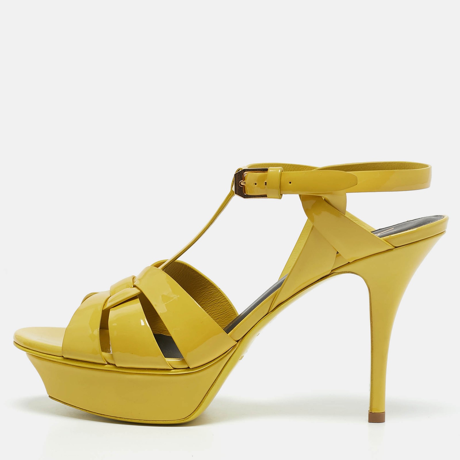 Saint Laurent Yellow Patent Leather Tribute Platform Sandals Size 38.5