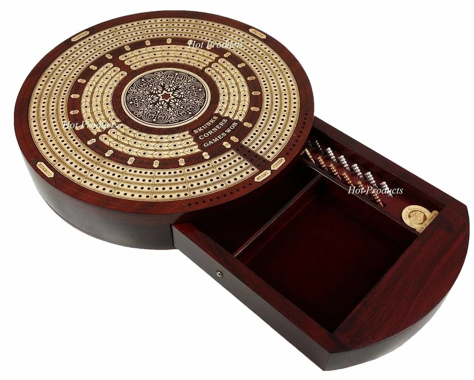 4 TRACK ROUND Continuous Cribbage Board Metal Pegs BLOODWOOD Skunks & Corners - Image 4 of 4