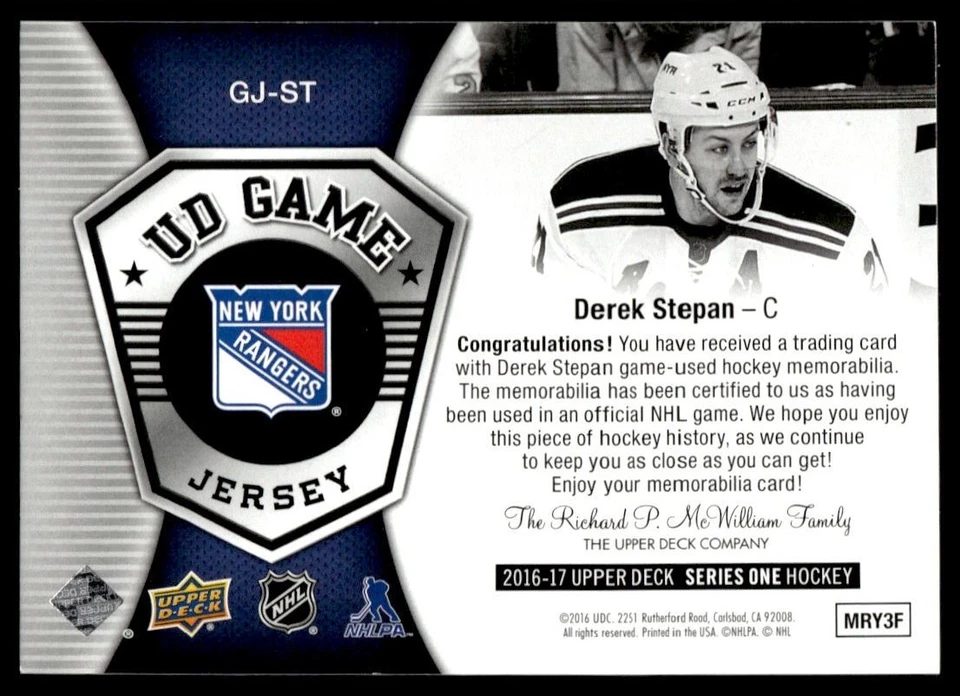 2016-17 Upper Deck UD Game Jerseys Derek Stepan New York Rangers #GJ-ST - Image 2 of 2