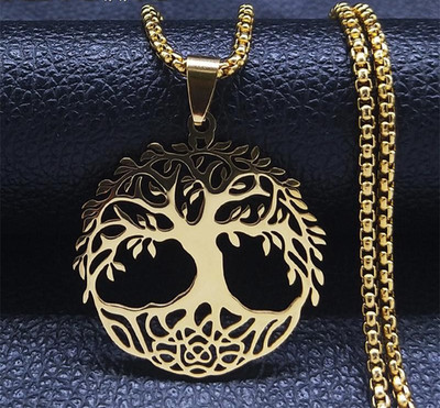 Christian Tree of Life Necklace Gold Stainless Steel Cross Faith Pendant Gift