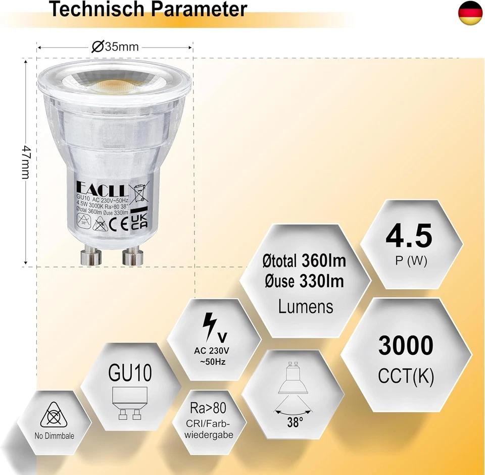 EACLL Mini GU10 LED Warmweiss 4.5 Watt Ersetzt 40W Halogen Leuchtmittel, - Bild 2 von 4