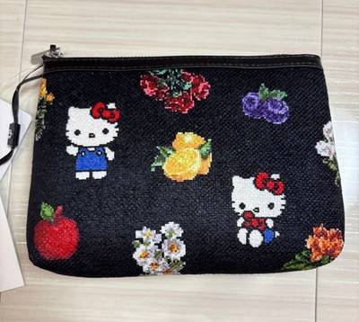 HELLO KITTY x Ameri Pixel Pattern Black Pouch Cute Floral Fruit Design