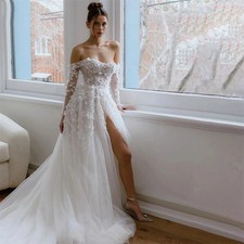 Elegant Off Shoulder Wedding Dresses Long Sleeves Side Split Beach Bridal Gowns