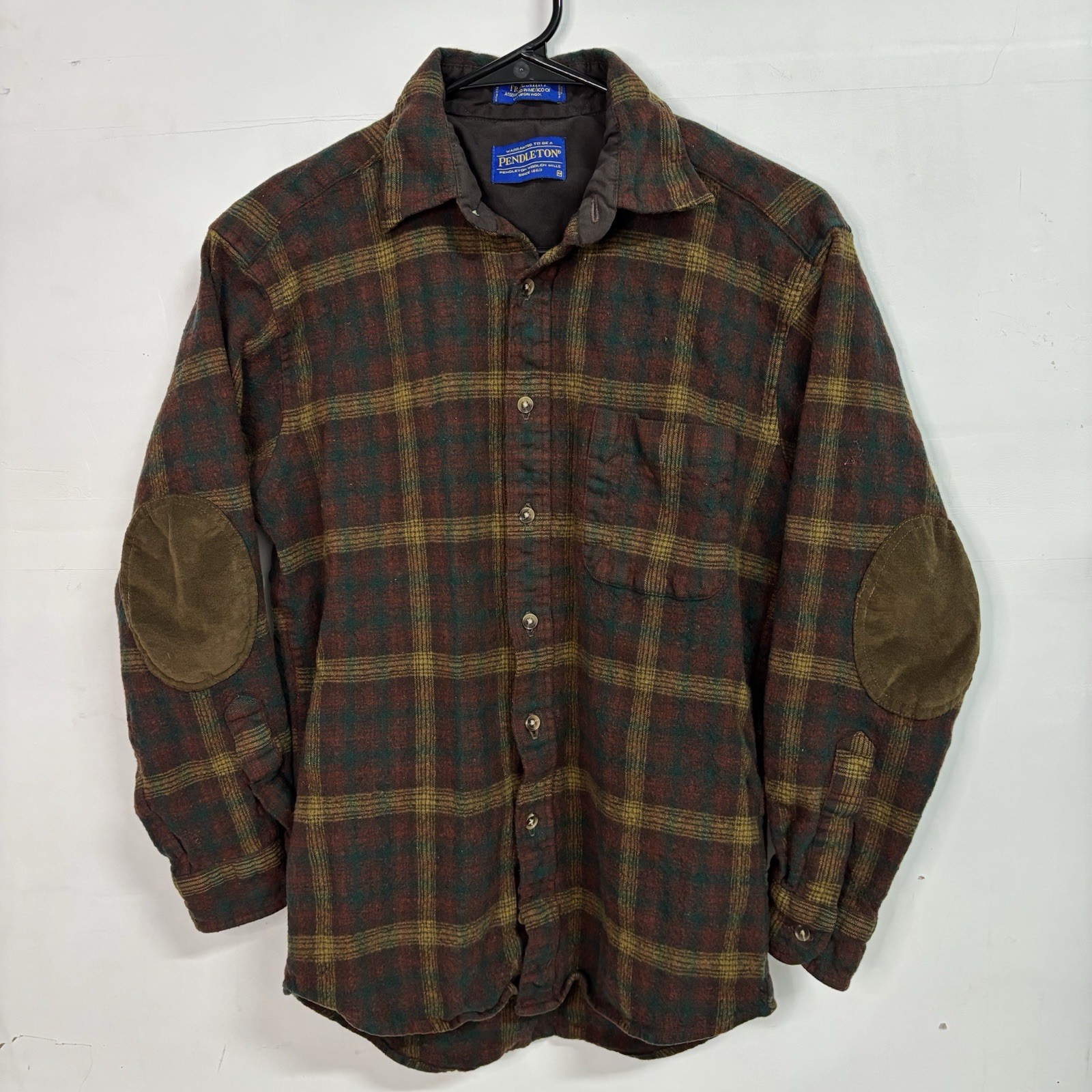 Pendleton Elbow Patch Wool Trail Shirt Button Up Blue Plaid Men's Size Small