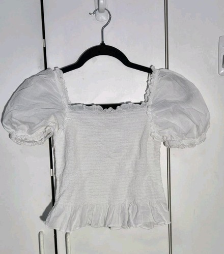 WONDER NATION GIRLS SUMMER PLAID PUFF SLEEVE SMOCKED TOP WHITE L (10-12)