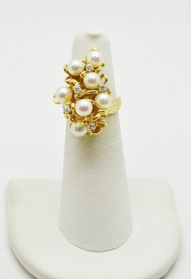 Cluster-Ring 14 Karat Gelbgold Perlen wie Kugeln und Diamanten Größe 5,25 #Gold-3789