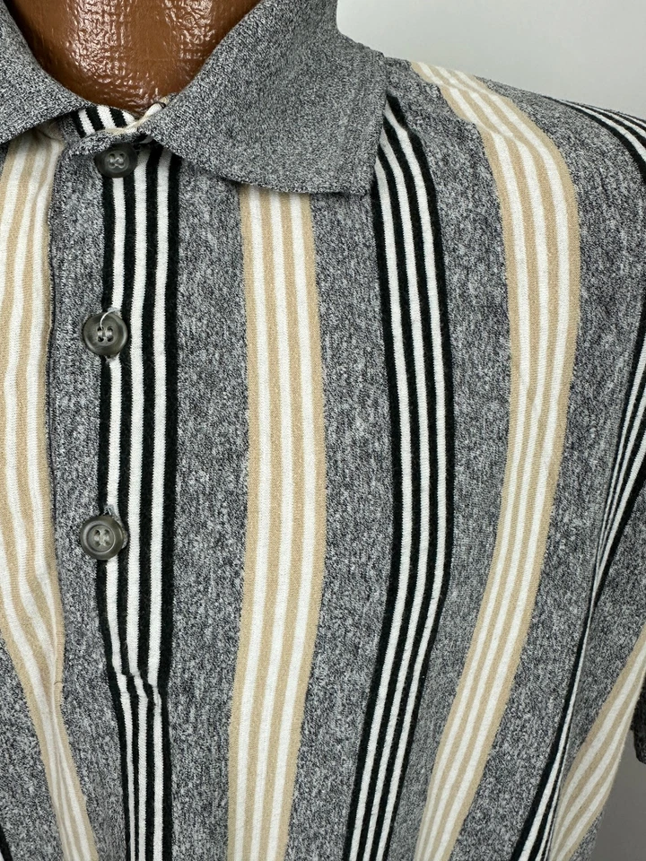 Винтажная рубашка-поло 90-х в полоску мужская XL черная бежевая вересковый серый натуральный выпуск - Изображение 4 из 4