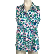 TALBOTS - WOMEN'S 4 - MULTICOLOR FLORAL SLEEVELESS COLLARED COTTON BLEND TOP
