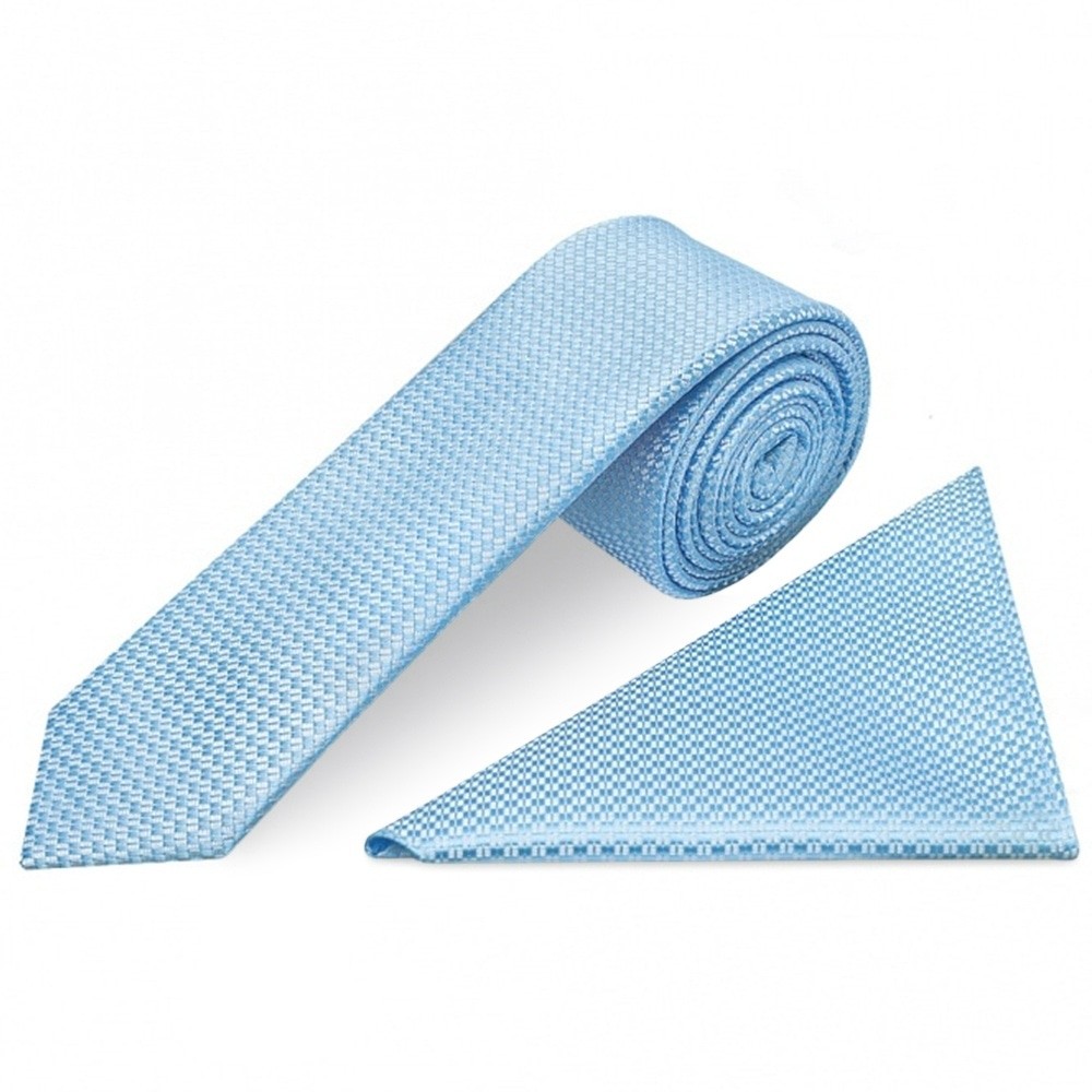 Mens Dusty Blue Textured Skinny Tie and Pocket Square Set Wedding Slim Tie Hanky
