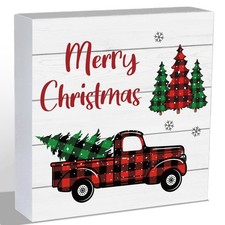 Merry Christmas Decorations Tree Truck Snowflakes Wooden Box Sign Gift 5.9"x5.9"