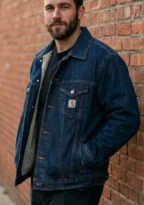 Vintage Carhartt Denim Trucker Jacket Mens Size 2XL Blue Sherpa Lined J292