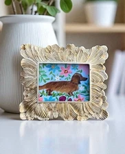 Dachshund Dog miniature art watercolor print in gold vintage style ornate frame