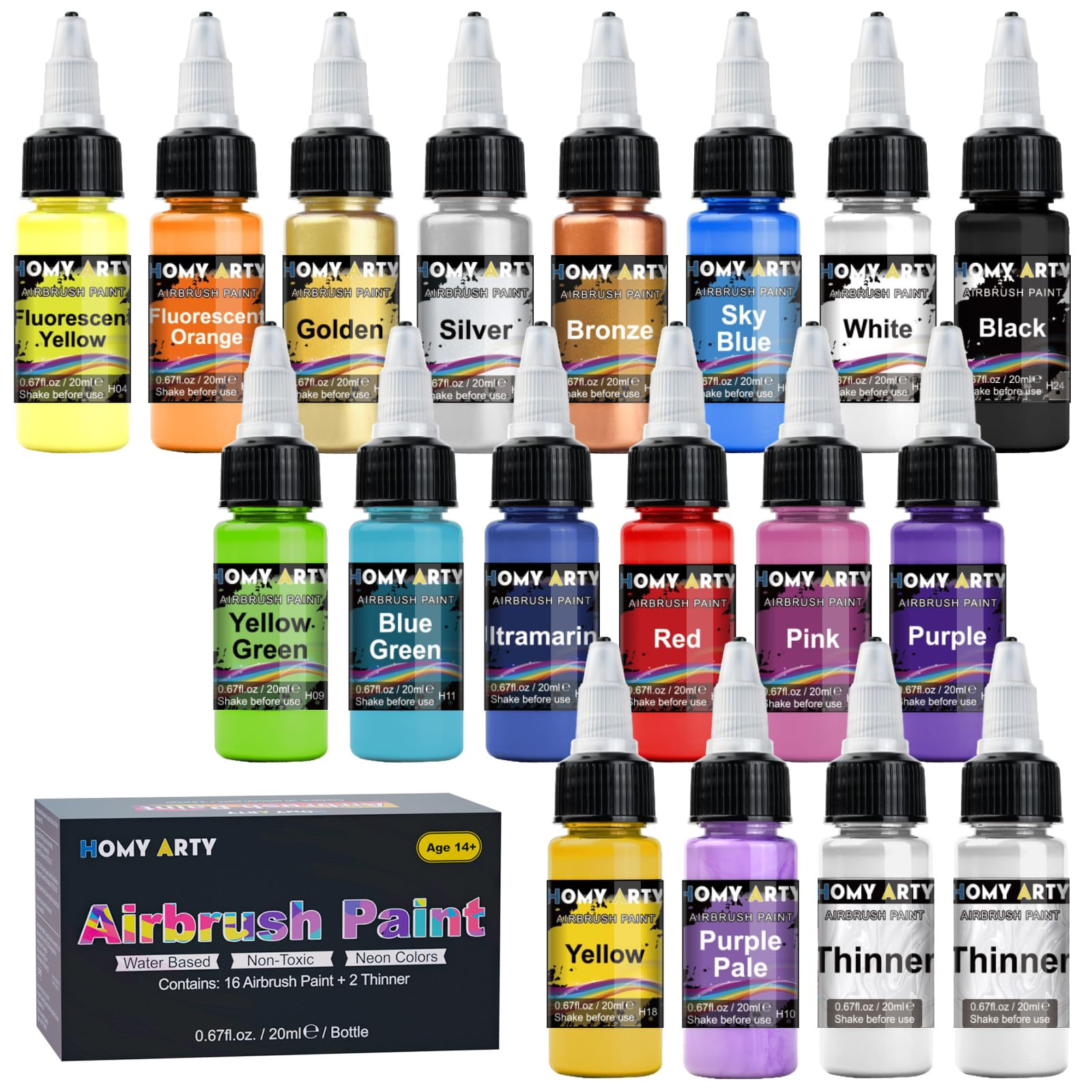 Airbrush Paint - 16 Colors with 2 Thinner, Ready to Spray, Water-Based, Acryl...