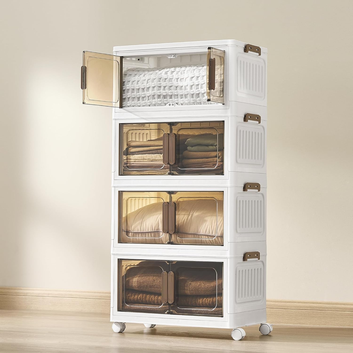 4-Tier 100L Plastic Storage Boxes with Lid on Wheels White Stackable Organiser