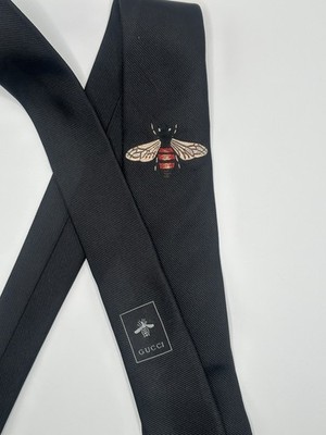 GUCCI Men's Tie Bee GG Solid Black 100% Silk Made in Italy SHIPS
