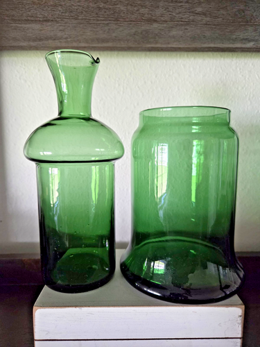 Hand Blown Recycled Green Glass Carafe & Base Set Vintage Spanish Style Pitcher - Picture 2 of 10