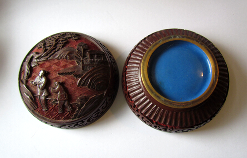 Vintage Chinese Red Cinnabar Cloisonne Trinket Box Lidded Jar Blue Enamel 3.5" - Picture 3 of 3