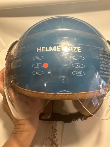 Soxon Blue Leather Open-Face Motorcycle Helmet Scooter S Trim Piece Missing - Picture 6 of 18