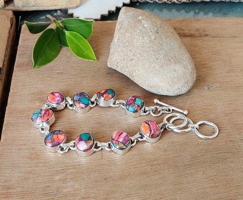 Pink Oyster Copper Turquoise Gemstone 925 Sterling Silver Women Bracelet MO+1021 - Picture 4 of 7