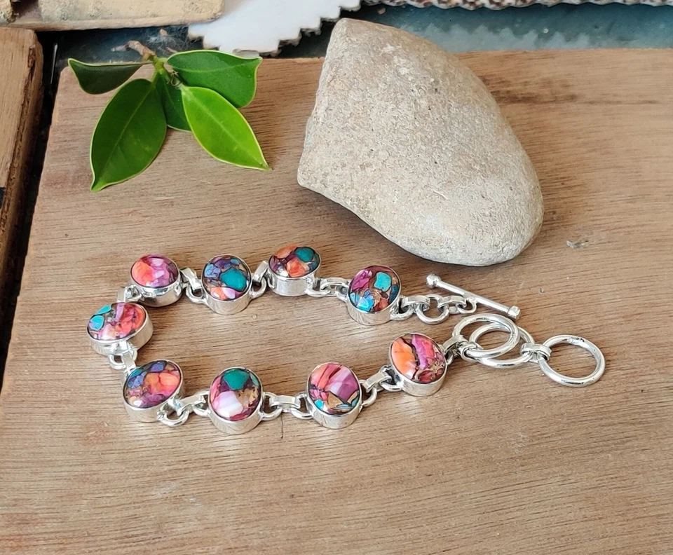 Pulsera de plata de ley 925 con piedras preciosas turquesa cobre ostra rosa para mujer MO+1021 Foto 4 de 4