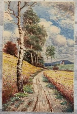 Impressionist Watercolor Landscape View Of A Path In The Countryside Signed