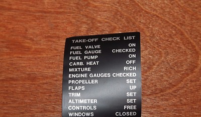 Aircraft Decal Placard *Take Off Checklist*