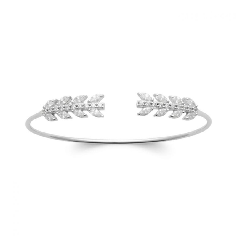 Bracelet jonc ouvert épi argent 925 rhodié et zirconium rigide 56mm pour femme