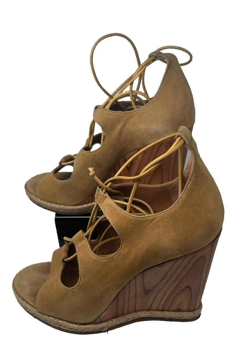 Tory Burch 7 5 sandali donna scamosciati stringati zeppa tacco marrone marrone chiaro punta aperta