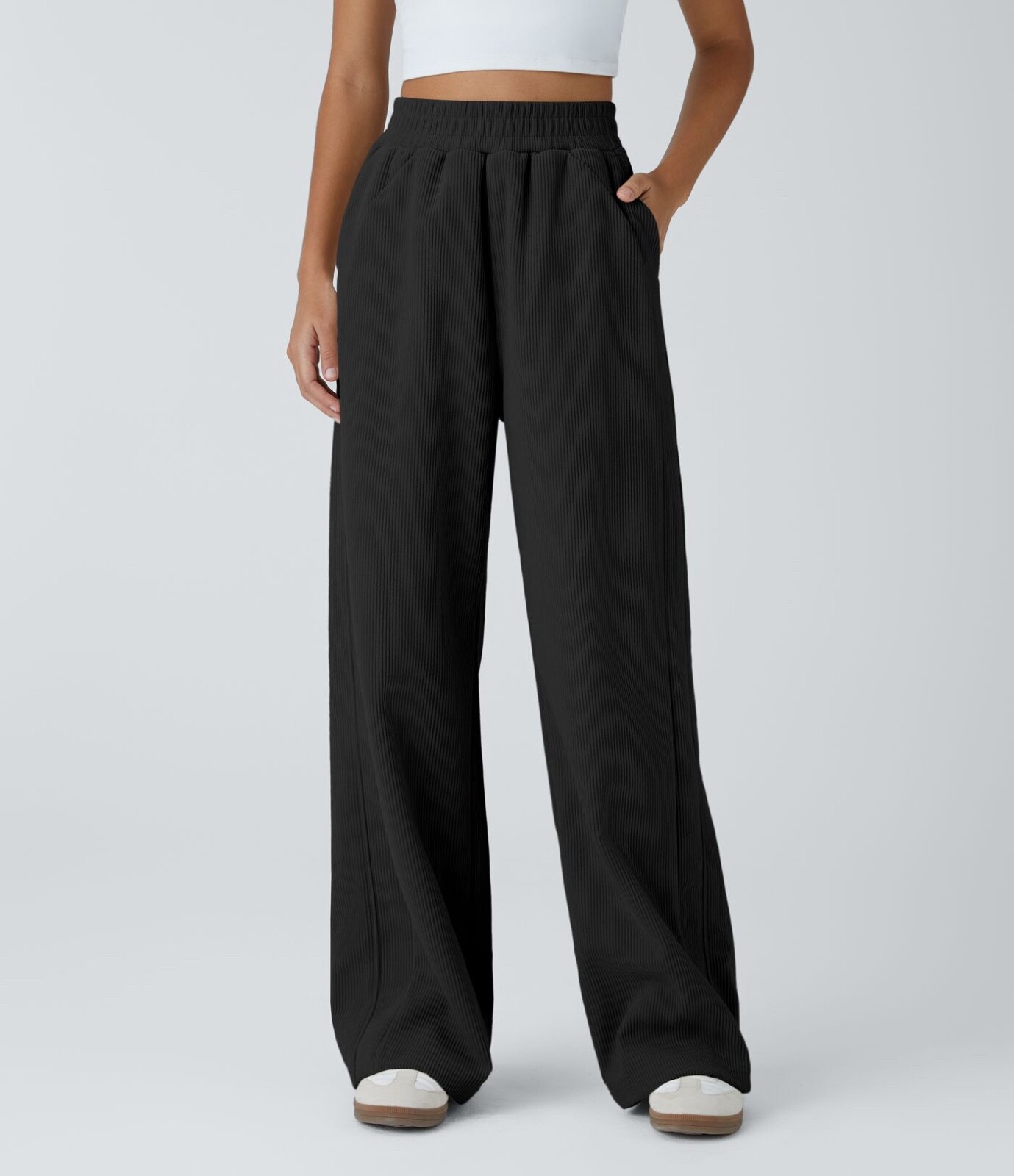 High Waisted Straight Leg Corduroy Pants with Side Pockets in Black Petite