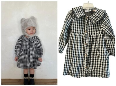 ZARA BLACK WHITE GINGHAM CHECK OVERSIZED COLLAR BUTTON DOWN SHIRT DRESS 3-4