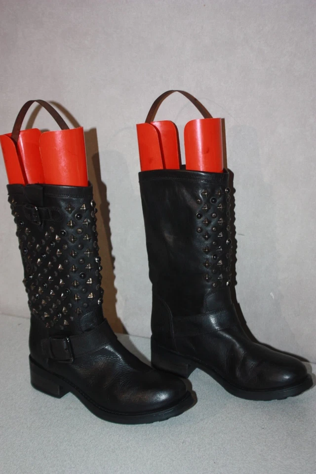 Mi Bottes Bikers Cuir Clouté Noir Doublure cuir T 39 TBE - Photo 2/4