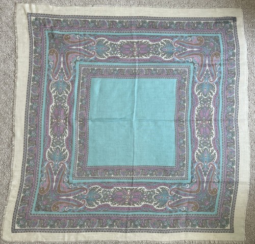 VTG Italian Scarf Paisley Square Cream Aqua Purple Pink Fringe 35" Women's