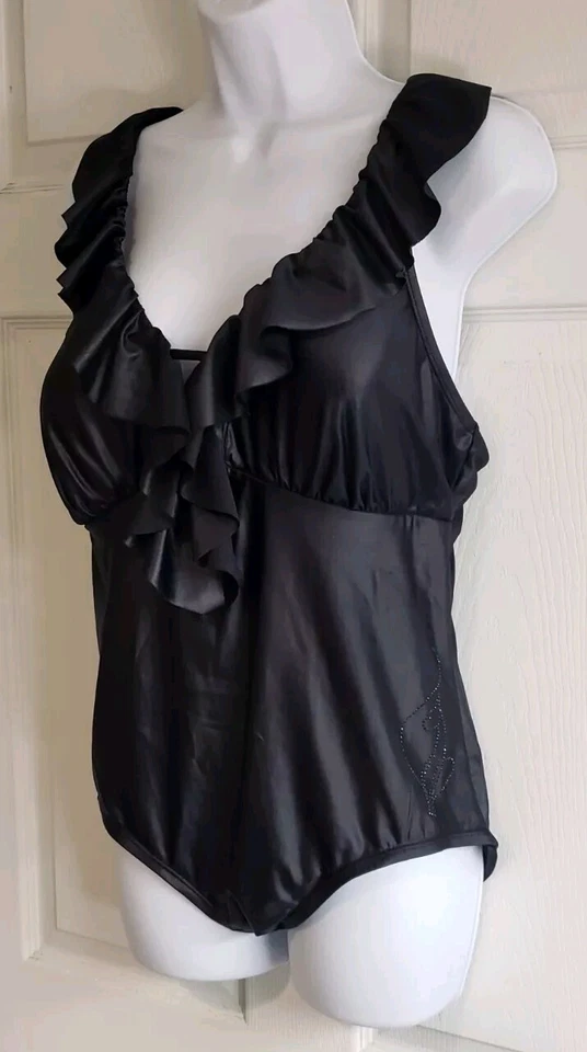 Traje de baño vintage Baby Phat Kimora Lee Simmons imitación cuero negro con volantes talla 1X Foto 4 de 4