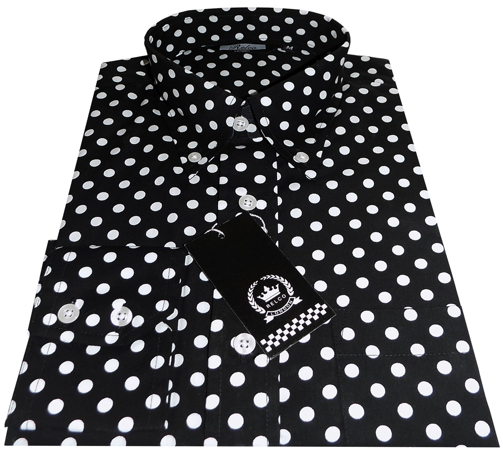 Camisa Relco Para Hombre Negra Lunares Manga Larga Cuello Abotonado Retro Mod Años 60