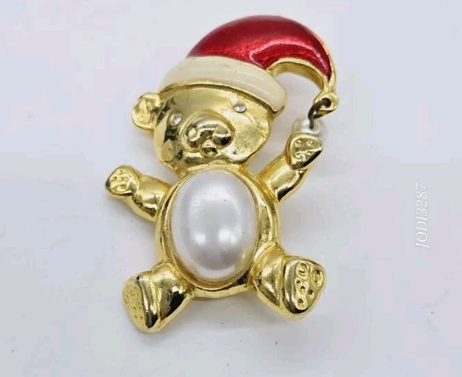 Vintage Gold Tone Christmas Teddy Bear Brooch with Faux Pearl Belly 2 Inch