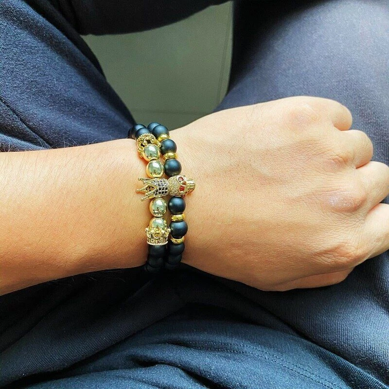 Pulseras de encanto de cabeza de calavera de lobo punk para hombres Onyx Tiger Eye Zircon Pulseras Foto 4 de 4